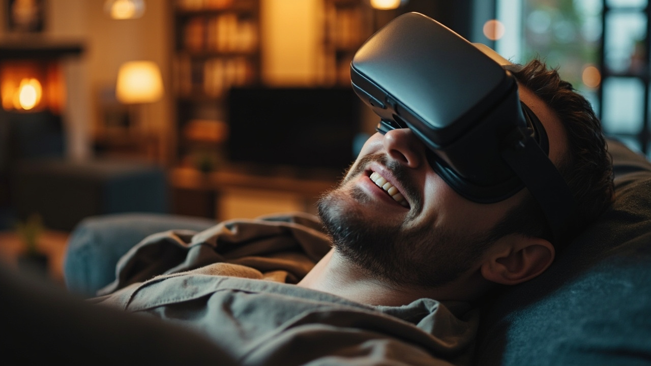 Man relaxing with VR headset watching gay VR porn
