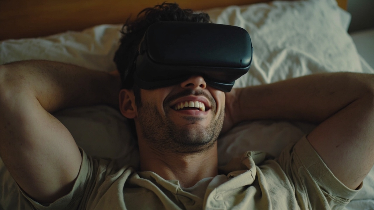 Man lying down wearing VR headset enjoying gay VR porn content