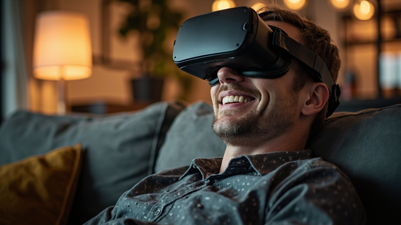 Man relaxing with VR headset watching gay VR porn content
