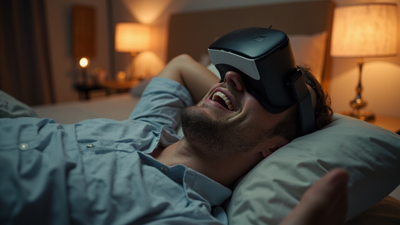 Man lying down engaged with VR porn content
